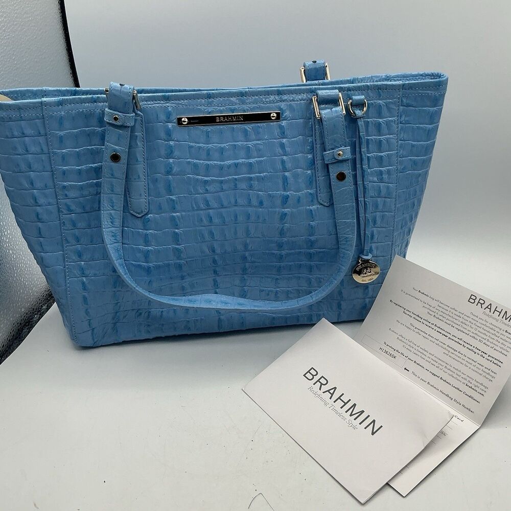 Brahmin Blue Croc Embossed Leather Tote Shoulder Bag Large Zip Top Purse